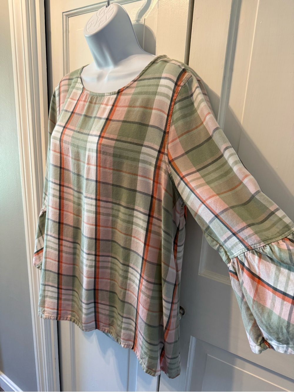 John Mark Plaid Scoop Neck Blouse in Sage, Coral & Cream